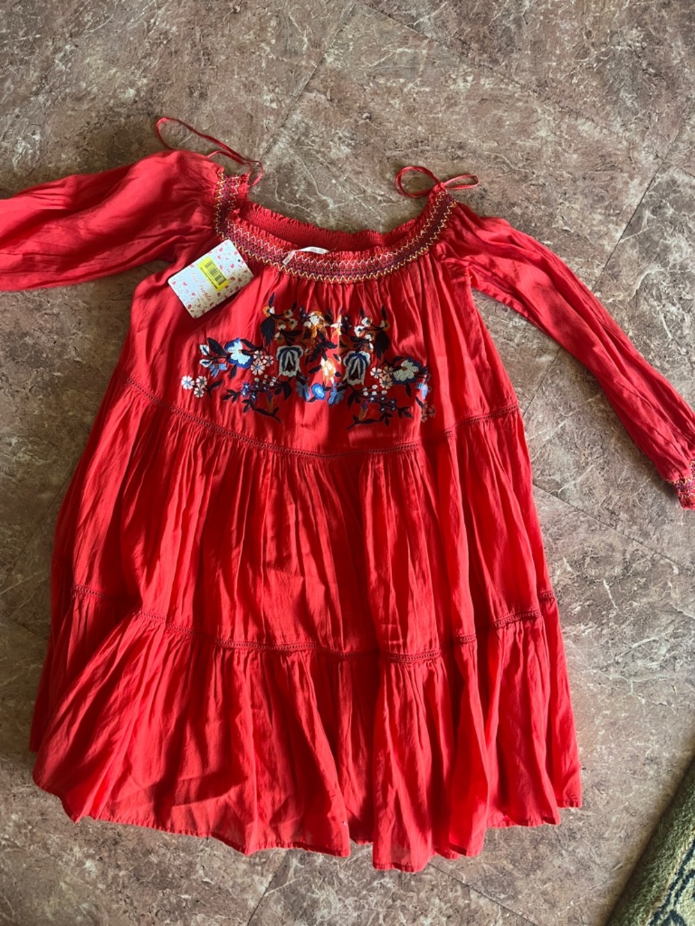 Free People Red Embroidered Off-Shoulder Dress